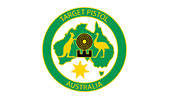 Logo with Australia map, kangaroo, emu, target, 'TARGET PISTOL AUSTRALIA,' and yellow star