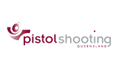 Pistol Shooting Queensland logo with maroon figure aiming, 'pistol shooting' and 'QUEENSLAND' below